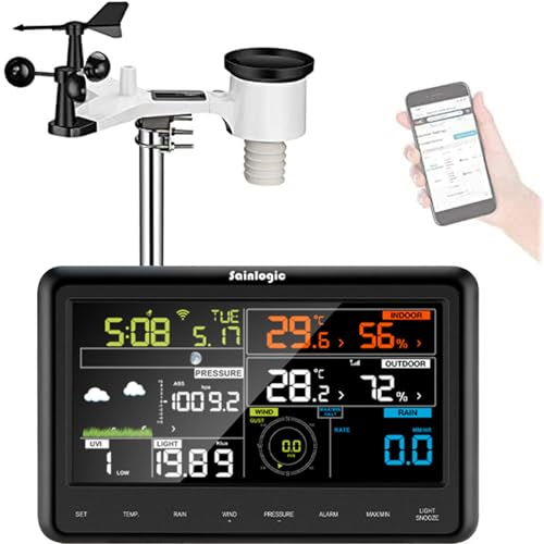 Sainlogic Estación meteorológica WLAN Professional con sensor de energía solar para exteriores, colector de lluvia, pronóstico del tiempo, indicador de viento, pantalla a color, Wunderground